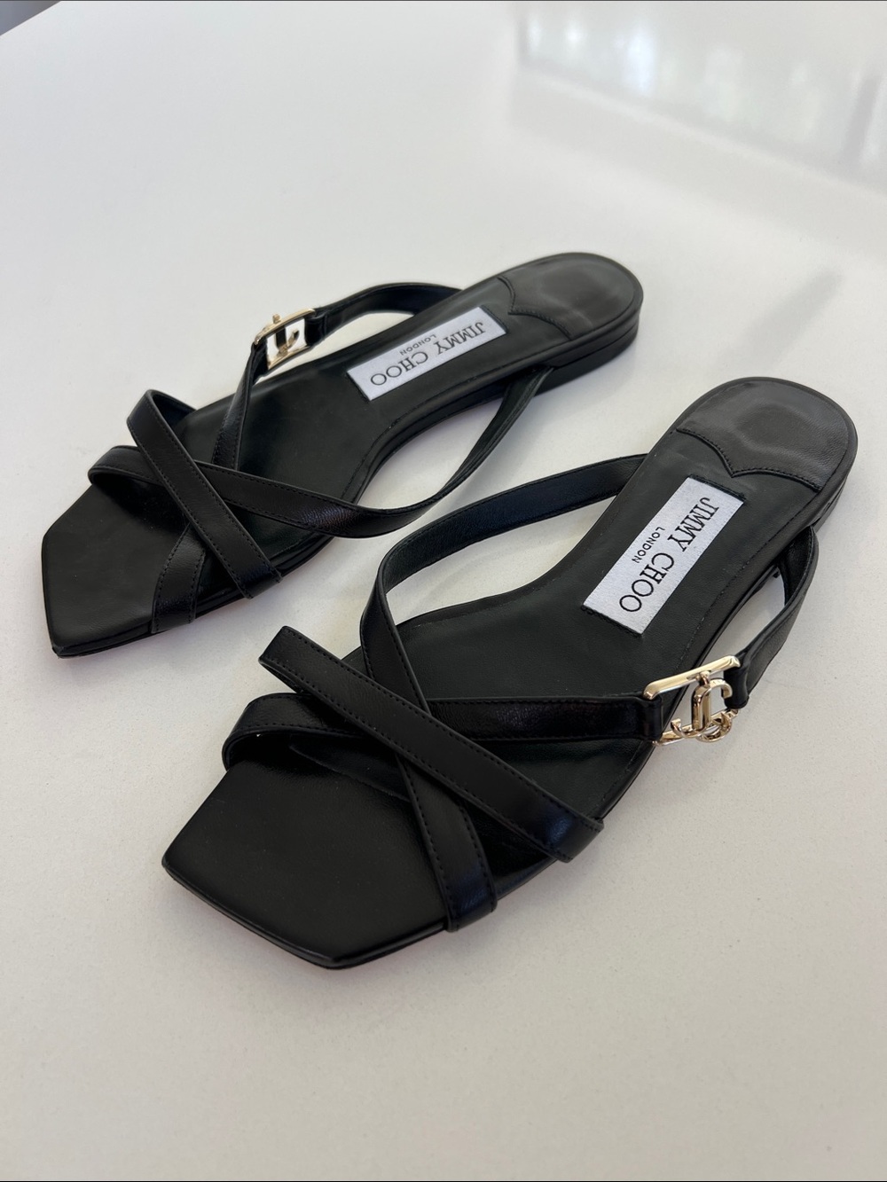 Jimmy Choo black leather open toe strappy alodie flat sandals 36